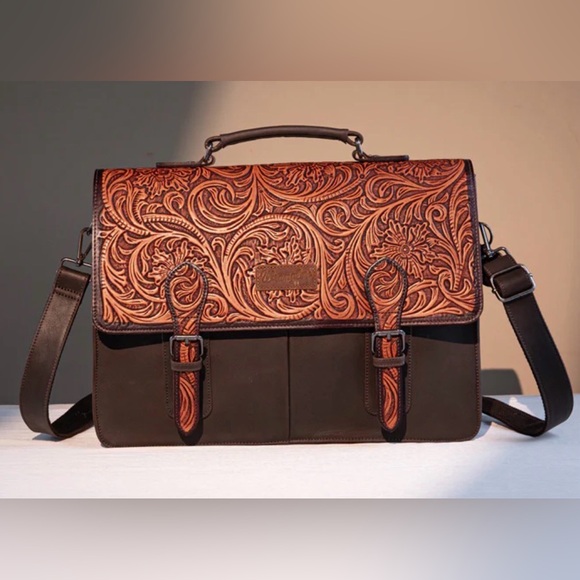 Montana West Handbags - Wrangler Genuine Leather & Handtooled Briefcase Messenger Bag NWT